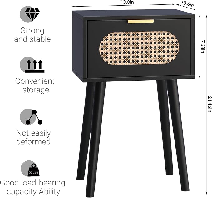 Nightstands Set of 2, Bedside Table with Rattan Door, Boho End Table with Solid Wood Legs for Bedroom, Living Room, Small Space Nightstands, Black Color, HNS001B