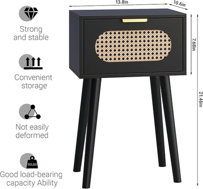 Nightstands Set of 2, Bedside Table with Rattan Door, Boho End Table with Solid Wood Legs for Bedroom, Living Room, Small Space Nightstands, Black Color, HNS001B