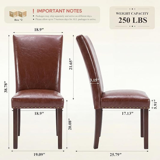 COLAMY Upholstered Parsons Dining Chairs Set of 4, PU Leather Dining Room Kitchen Side Chair with Nailhead Trim and Wood Legs - Light Brown