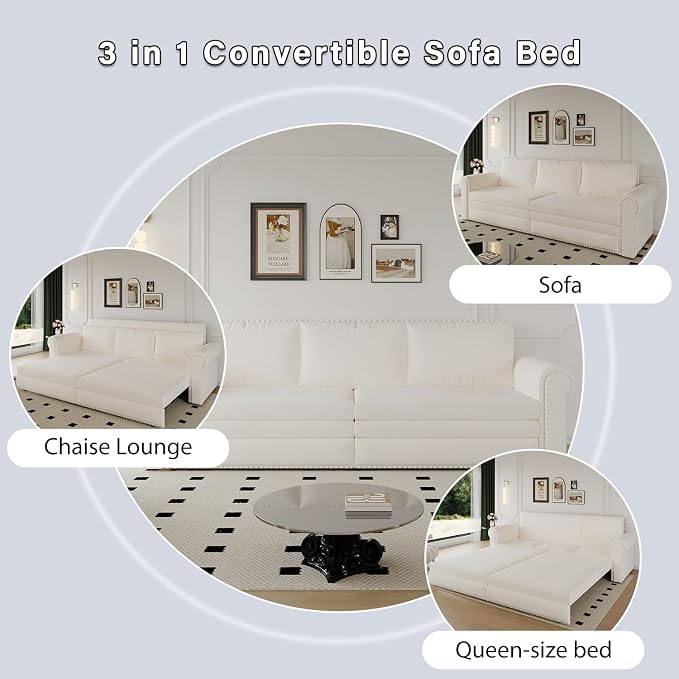 93.7" King Pull Out Sofa Bed, Velvet Sleeper Sofa Couch, 3 in 1 Convertible Futon Couches for Living Room, Small Space, Apartment, Office, Bedroom, Modern Rivet Armrest, Beige