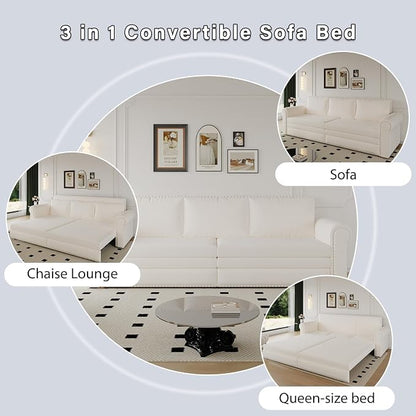93.7" King Pull Out Sofa Bed, Velvet Sleeper Sofa Couch, 3 in 1 Convertible Futon Couches for Living Room, Small Space, Apartment, Office, Bedroom, Modern Rivet Armrest, Beige