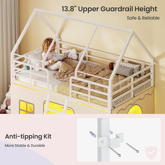 BTHFST Bunk Bed Twin Over Twin with Play Curtain, House Bunk Bed with LED Lights, Metal Kids Bunk Bed with Inclined Ladder and Guardrail, Space Saving, No Box Spring Needed, White