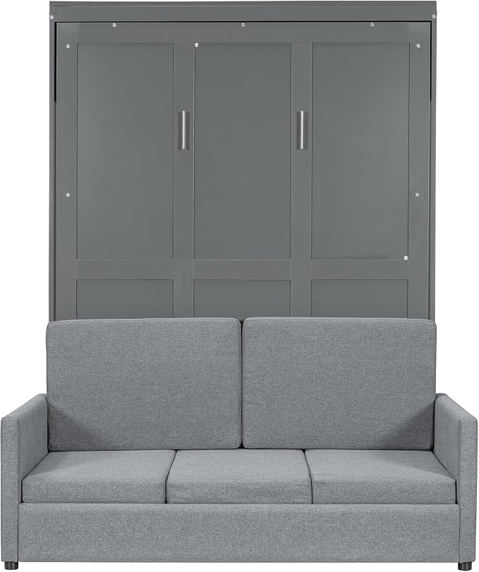 MERITLINE Full Murphy Bed with Couch,Wood Murphy Bed Cabinet with Sofa,Fold up Bed Grey Murphy Wall Bed Full Size