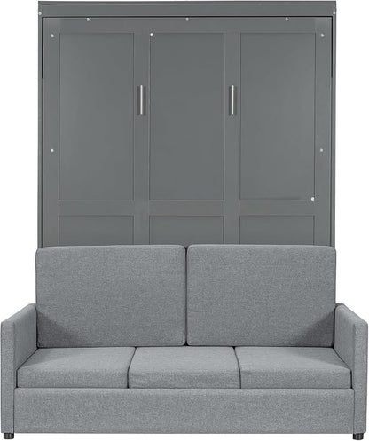 MERITLINE Full Murphy Bed with Couch,Wood Murphy Bed Cabinet with Sofa,Fold up Bed Grey Murphy Wall Bed Full Size