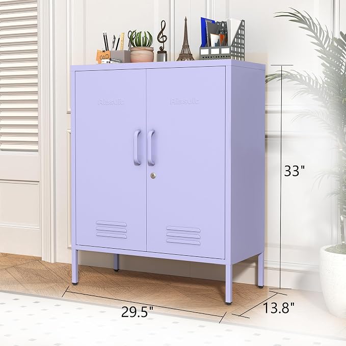 Multipurpose Accent Cabinet Locker, Metal Storage Cabinet with 2 Adjustable Shelves, Heavy Duty & Lockable Organizer Made of Thickened Steel, Easy Assembly for Home, Entryway, Purple