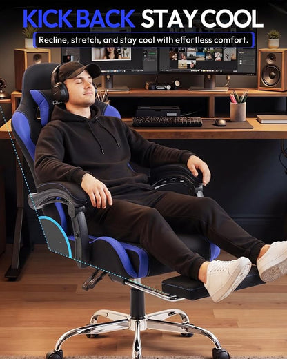 Dowinx Ergonomic Gaming Chair with Footrest & Massage Lumbar, 2D-Linkage Armrests for Computer Chair 330lbs with Headrest Pillow for Office, Home, Streaming and Long Gaming Sessions, Fabric Dark Blue