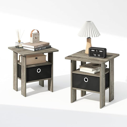 Furinno TIDUR Night Stand Set of 2, Open Shelf Design Nightstand with Storage Bin, Bedside Table, End Table, Side Table, for Bedroom, Closet, Dorm, French Oak
