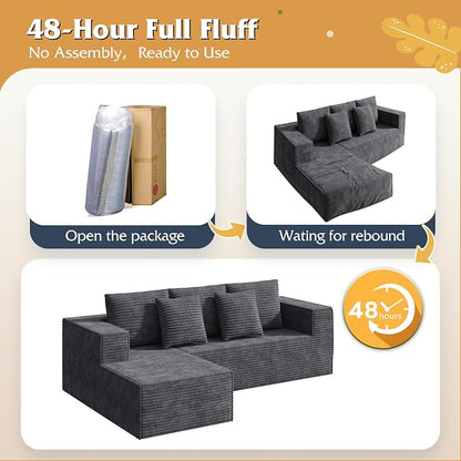 WLIVE 108'' Cloud Sectional Couches for Living Room, Modular Boneless Couch with Right Facing Chaise, L Shape Memory Foam Corduroy, with Cushion, Grey