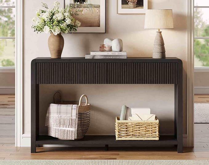 FATORRI Console Table for Entryway, 47.2 inch Modern Sofa Table with 2 Drawers for Living Room, Wood Hallway Tables and Couch Tables Behind Sofa, Black