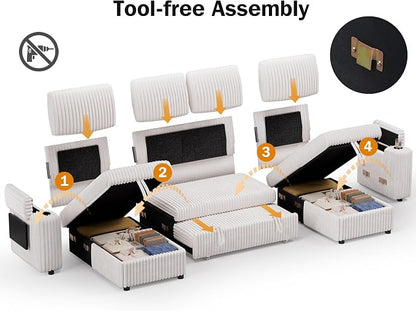 WEUP 108" Modular Sectional Sleeper Sofa with Pull Out Bed, 4 Seat Plush Corduroy U Shaped Couch with USB Ports|Cup Holders|Side Table|Storage Chaise Armrests, Tool Free Assembly, Beige