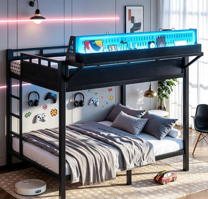 Bellemave Bunk Bed Full Over Full，Metal Bunk beds with Storage Shelves USB Ports and LED Lights, Black
