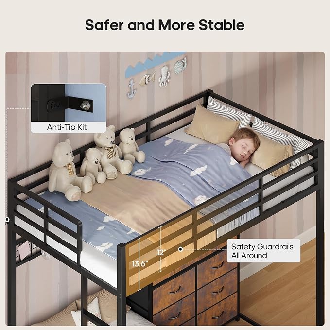 BTHFST Bunk Bed Twin Over Twin with 14 Storage Drawers & Bookshelf, Twin Bunk Beds with RGB LED Lights & Metal Grid Panel, Metal Bunk Beds with Safety Guardrails & Ladder for Kids, Rustic Brown