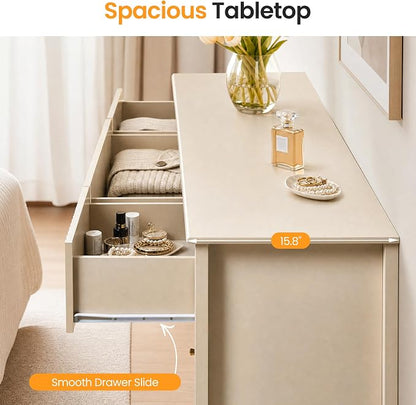 RoyalCraft Fluted Dresser for Bedroom with 9 Drawers, 59" Wide Painted Wooden Chest of Drawers, Modern TV Stand Storage Cabinet for Living Room, Hallway, Beige
