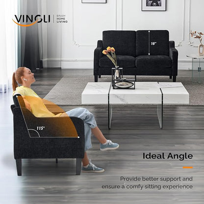 VINGLI Mid-Century Modern Loveseat Sofa Couch, Living Room 53" Love Seat 2 Seater Upholstered Comfy Couches with Scooped Armrest for Small Spaces, Dorm, Bedroom, Apartment, Office (Black)