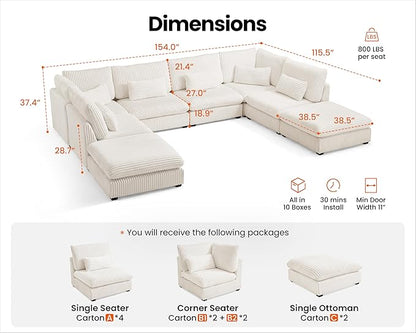154" Oversized Corduroy Couch Modular Sectional Sofa, Washable Cloud Couch Sectional with 4 Ottoman, 8 Seater Sectional Couches for Living Room, Fully Cover Removable, Sleeper Sofa, Corduroy, White