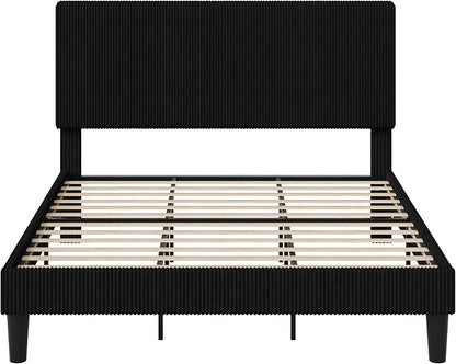 Allewie King Size Upholstered Bed Frame with Vertical Channel Tufted Headboard, Soft Corduroy Fabric Platform Bed, Strong Wooden Slats Support, Easy Assembly, No Box Spring Needed, Black