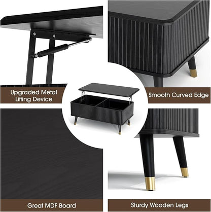 Lift Top Coffee Table with Storage, Modern Coffee Table with Solid Wood Legs, 38" Minimalist Fluted Center Table for Living Room, Home Office, Black