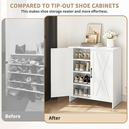 Farmhouse Shoe Storage Cabinet, 5-Tier Wooden Shoe Cabinet Organizer with 2 Barn Doors & 3 Adjustable Shelves, Shoe Cabinet for Entryway, Hallway, White