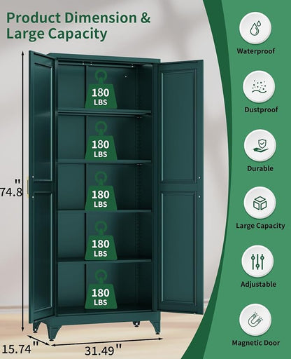 75" Tall Metal Storage Cabinet with 2 Doors and 4 Adjustable Shelves, Heavy Duty Steel Pantry Cabinet for Home Office, Kitchen, Garage and Laundry Room, Green