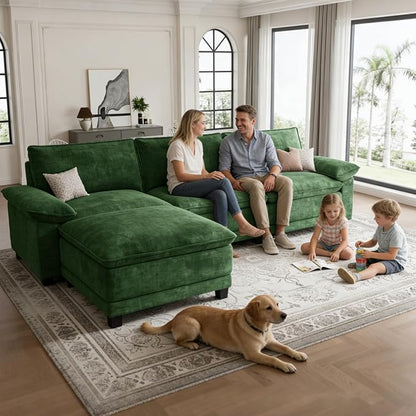 Modern L Shaped Sofa Couches for Living Room, Modular Sectional Cloud Couch with Movable Ottoman, Comfy Chenille Sofa for Apartment and Small Space, Green