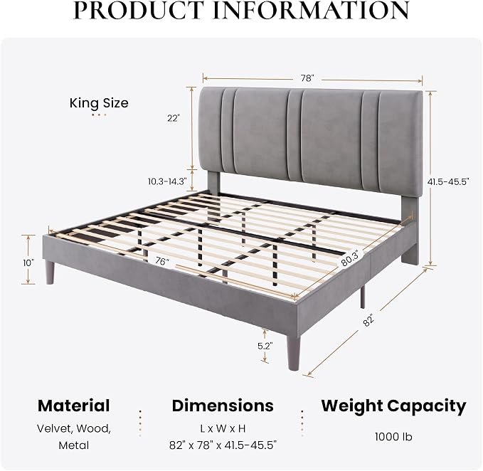 SHA CERLIN King Size Platform Bed Frame, Velvet Upholstered Bed with Adjustable Headboard, Vertical Channel Tufted Design, Sturdy Wood Slat Support, No Box Spring Needed, Easy Assembly, Light Grey