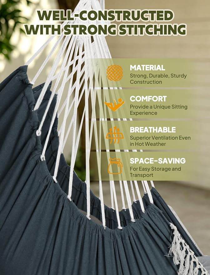 Chihee Hammock Chair Hanging Swing Max 500 Lbs 2 Cushions Included Steel Spreader Bar with Anti-Slip Grooves Portable Hanging Chair Side Pocket Large Macrame Bohemian Chair Indoor Outdoor