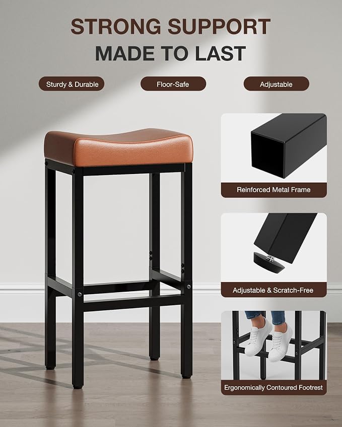 Bar Stools Set of 3-24 Inch Counter Height Chairs for Kitchen Island, Leather Seat with 400 LBS Heavy-Duty Metal Frame and Adjustable Feet, Easy to Assemble for Bar, Café or Dining Room,Brown