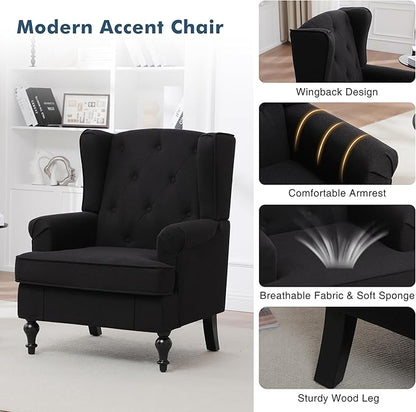Accent Chair for Living Room, Mid Century Modern Upholstered Armchair, Wingback Chair with Tufted High Back and Solid Legs, Comfy Side Chairs Single Sofa for Bedroom, Black