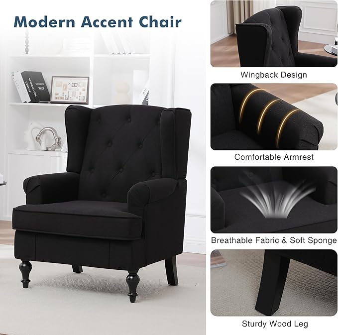 Accent Chair Set of 2, Mid Century Modern Fabric Wingback Chair, Upholstered Armchair with High Back and Vintage Legs, Comfy Single Sofa Side Reading Chair for Living Room Bedroom, Black