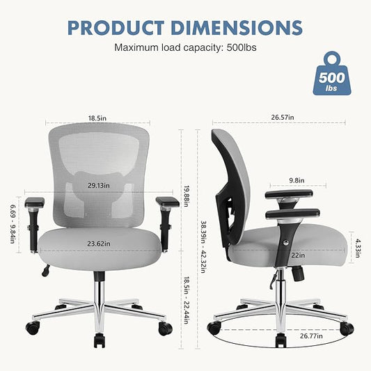 DUMOS Big and Tall Office Desk Chair with Lumbar Support, 500lbs Heavy Duty Mesh Ergonomic Computer Chair with 4D Armrest and Wide Comfy Seat, Swivel Wheels for Adult, Grey