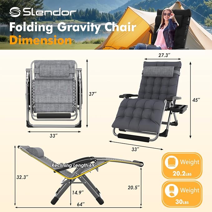 Slendor Oversized Zero Gravity Chair XXL, 33IN Outdoor Recliner Chair w/Removable Cushion&Headrest, Camping Lounge Chair w/Upgraded Lock&Footrest, Reclining Patio Chairs, Support 500lbs, Dark Gray