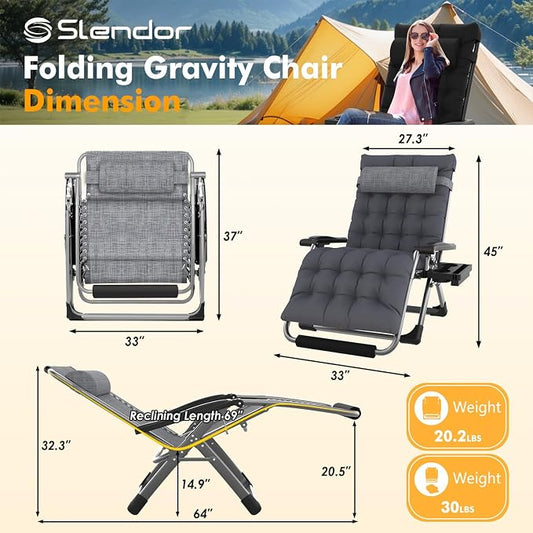 Slendor Oversized Zero Gravity Chair XXL, 33IN Outdoor Recliner Chair w/Removable Cushion&Headrest, Camping Lounge Chair w/Upgraded Lock&Footrest, Reclining Patio Chairs, Support 500lbs, Dark Gray