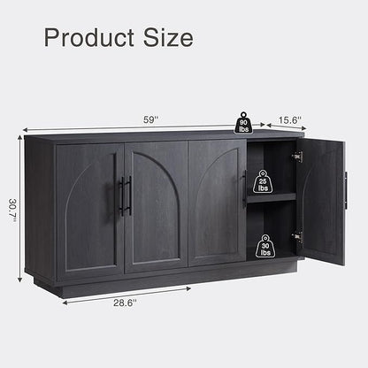 Arden Collection 2-Piece Home Bar Cabinet Set, Arched Sideboard and Tall Pantry Cabinets with LED Lighting, Charging Station, Wine Rack and Adjustable Shelves for Dining Room, Kitchen,Black Grey