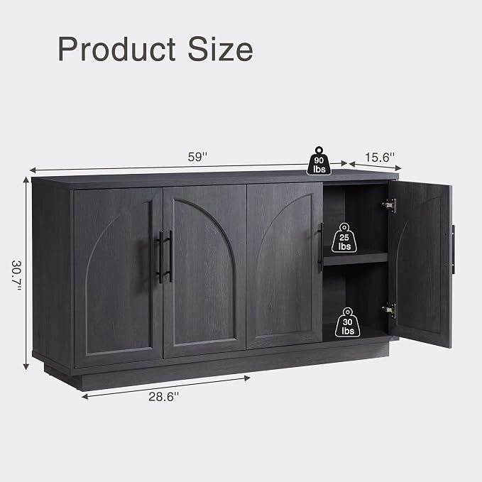 Fatmok Buffet Cabinet with Storage, 59'' Modern Arched Sideboard Cabinet w/Adjustable Shelves, Wood Media TV Console Table Credenza for Living Room Hallway Entryway, Black Grey