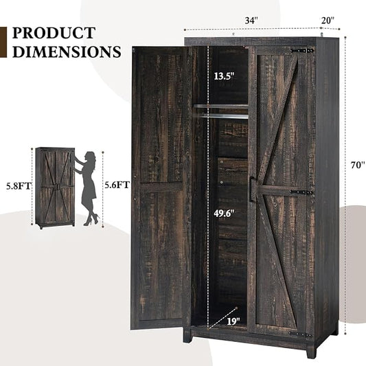 LUXOAK 70" Large Armoire Wardrobe Closet Set of 2 with Hanging Rod, Farmhouse Clothing Storage Cabinet with 4 Barn Doors, Wooden Tall Bedroom Armoires with Shelf, Dark Oak Wood
