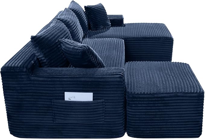 95-Inch U-Shaped Right Facing Corner Compressed Sofa Modular Sectional Boneless Cloud Sofa Floor Foam Couch W/Chaise Lounge & Ottoman, Corduroy Corner Boneless Cloud Couch