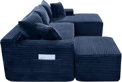 95-Inch U-Shaped Right Facing Corner Compressed Sofa Modular Sectional Boneless Cloud Sofa Floor Foam Couch W/Chaise Lounge & Ottoman, Corduroy Corner Boneless Cloud Couch