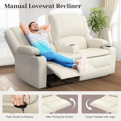 Yolsali Loveseat Recliner Sofa, Manual Reclining Loveseat with Removable Armrest, PU Leather Double Recliner for RV with 2-Tier Cushions, USB Charging Ports, Cup Holders - Ivory White