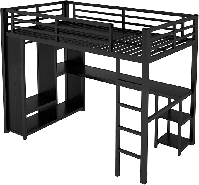 Bellemave Twin XL Loft Bed with Desk, Wardrobe, Metal Twin XL Loft Bed Frame for Adults, Kids, Teens, Black