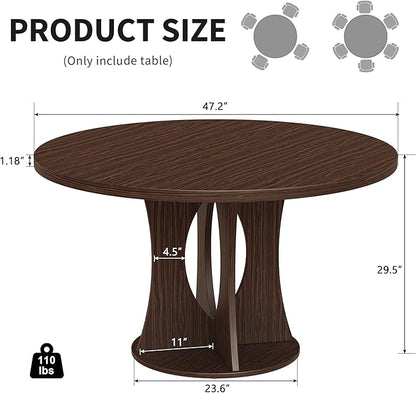 iPormis 47 Inch Round Dining Table for 4-6 People, Wooden Dining Room Table with Pedestal Base, Modern Kitchen Table for Apartments, Dining Room, Kitchen or Living Room, Dark Walnut, Table Only