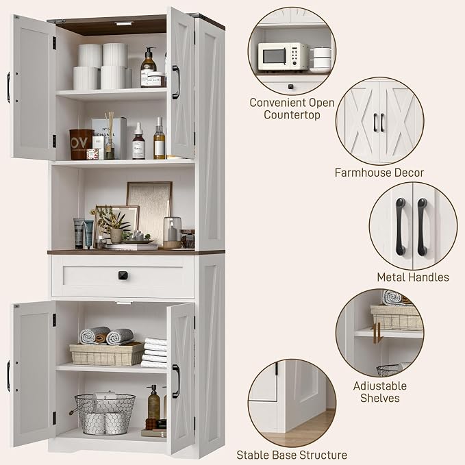 Halitaa Tall Kitchen Pantry Storage Cabinet, Farmhouse Storage with Organizer, Large Capacity Bathroom Cabinet with Drawer,Freestanding Cupboard for Kitchen, Dining Room, White