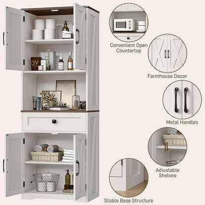 Halitaa Tall Kitchen Pantry Storage Cabinet, Farmhouse Storage with Organizer, Large Capacity Bathroom Cabinet with Drawer,Freestanding Cupboard for Kitchen, Dining Room, White