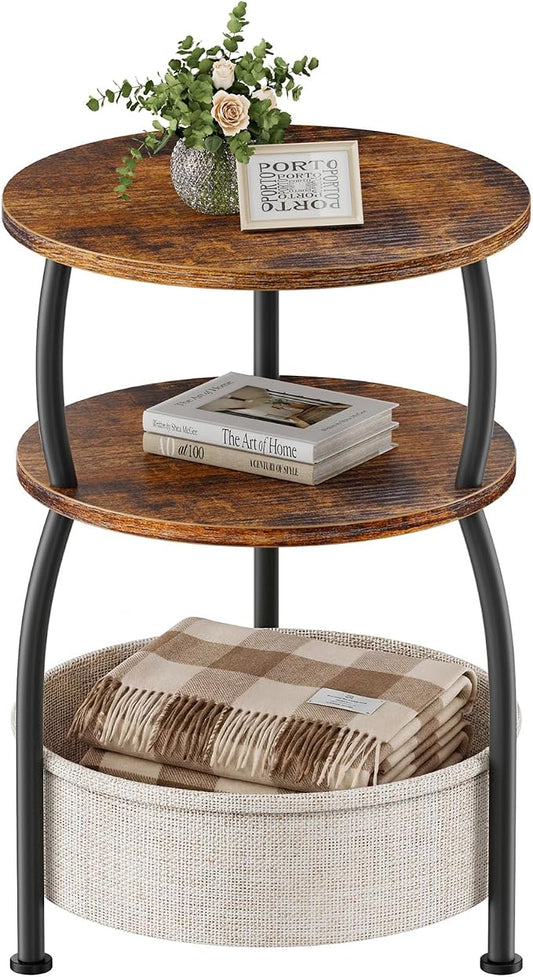 Round Side Table with Storage Basket for Living Room Rustic Brown | Small Table for Small Space 3-Tier Side Table for Bedroom, Garden, Sofa Couch Table Bedside Nightstand, Rustic Brown