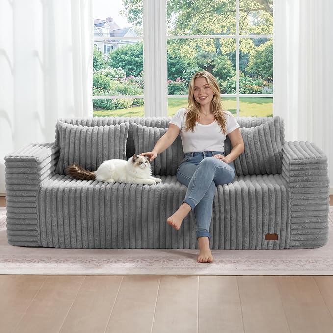ZurNesfure Sofa Couch Cloud 3-Seater Memory Foam Couch with Pillow No Assembly Required, Modern Couch with Removable Washable Cover Boneless Sofas for Living Room Bedroom Apartment (Grey,3-Seater)