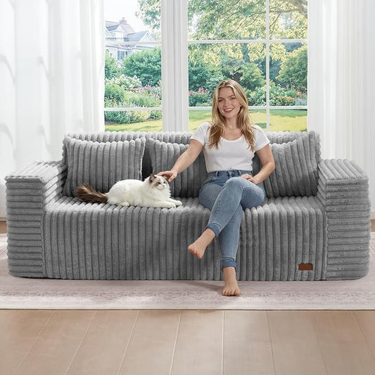 ZurNesfure Sofa Couch Cloud 3-Seater Memory Foam Couch with Pillow No Assembly Required, Modern Couch with Removable Washable Cover Boneless Sofas for Living Room Bedroom Apartment (Grey,3-Seater)