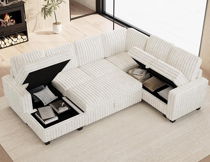 Belffin Corduroy Sleeper Sofa Bed with Storage Chaise Modular Sectional Sofa Couch with Pull Out Bed L Shaped Sectional Couches for Living Room Beige Couch