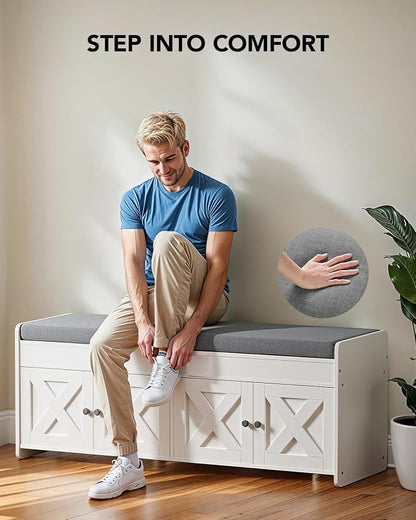 Amada Shoe Storage Bench, 47.2" Long Entryway Bench with Cushioned Seat & Lift Top Storage, 4 Doors, Adjustable Shelf, 300 lbs Capacity, Bench with Shoe Rack for Entryway, Bedroom, Living Room, White