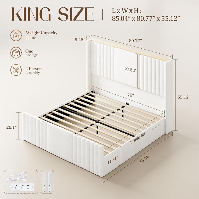 King Size Bed Frame with 55.1" Tall Headboard, Velvet Upholstered Platform Bed with Channel Tufted Wingback, 2 Reading Lights/Storage Shelf/Charging Station/Easy Assembly/Noise-Free, Cream