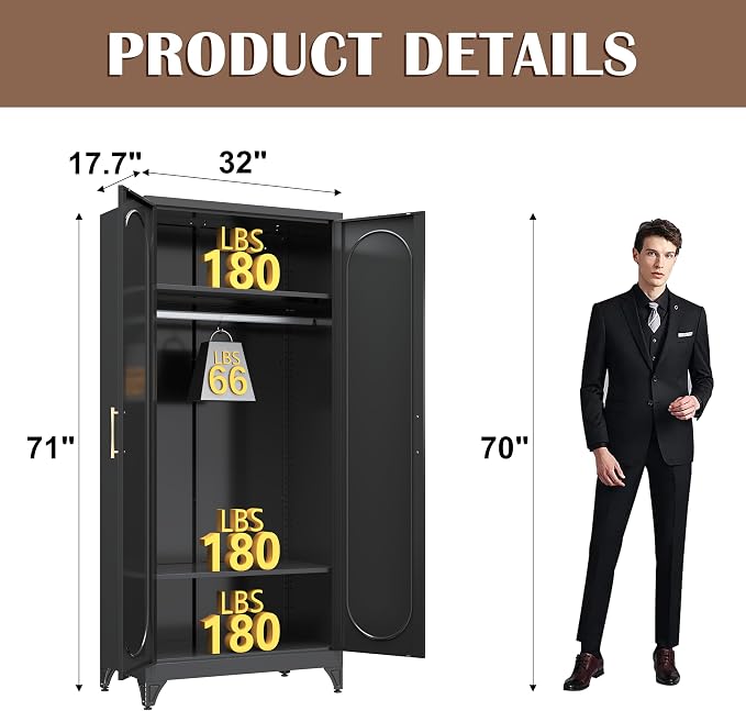 SteeLoong 71" Metal Armoire Wardrobe Closet with Doors,Tall Clothing Storage Cabinet with Adjustable Shelves and Hanging Rod,Black Wardrobe Closet for Bedroom,Home,Office,Gym