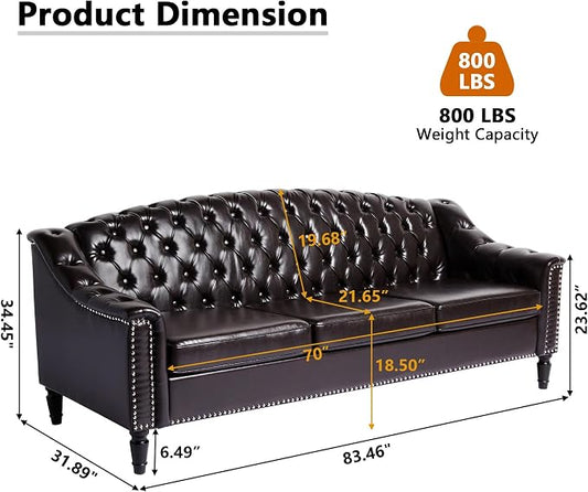 LEVNARY Mid-Century Modern Leather Couch, 80" Large Upholstered Sofa with High Back, Chesterfield Sofa Sleeper Settee with Solid Wood Legs, Tufted 3 Seater Wide Couches for Living Room Office (Brown)